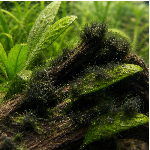Ecsetalgák noires sur une racine d'aquarium